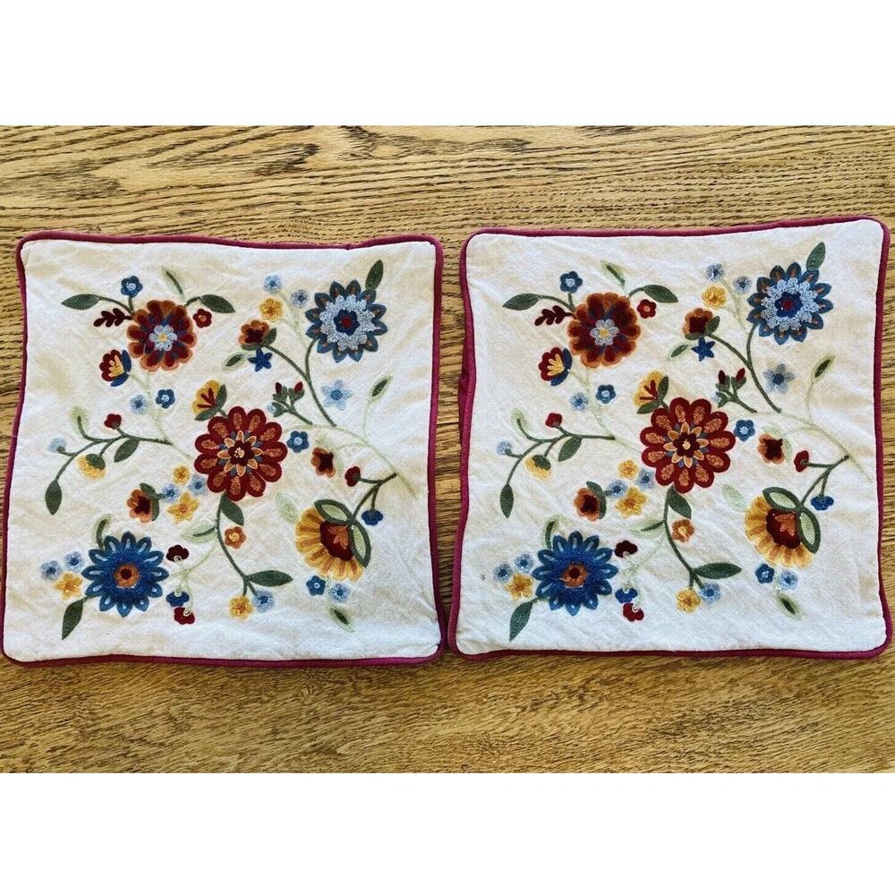 Pier 1 Embroidered Pillow Shams Floral Red Gold Blue Cover Mini Small 13" India